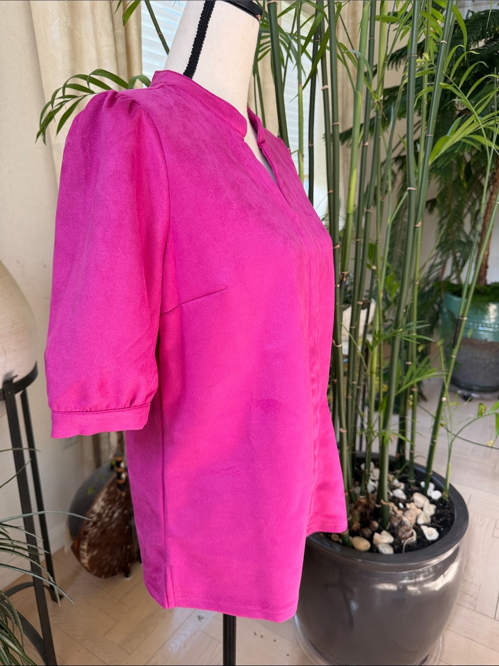 Belle by Kim Gravel Fuchsia Split-Neck Puff Sleeve Blouse - Picture 2 of 5